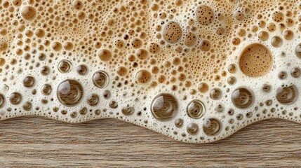 Poster - Close-up macro of coffee foam with bubbles over a wooden surface, textures.