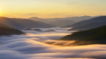 Poster - Rolling fog enveloping mountain ridge just after sunrise..

