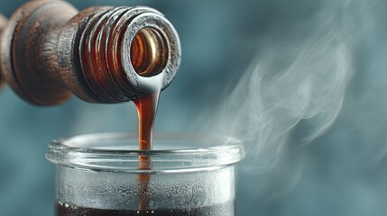 Poster - Close-up of a bottle pouring a dark liquid into a glass container with steam