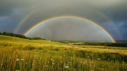 Poster - Rainbow arching over open fields after a heavy rainstorm..

