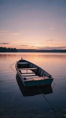 Poster - Sunset over tranquil lake with single small boat floating..

