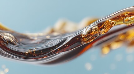 Poster - Close-up of a flowing dark liquid with bubbles against a light blue background.