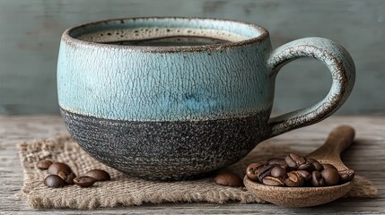 Poster - Close-up of a rustic ceramic coffee mug with coffee beans and a wooden spoon