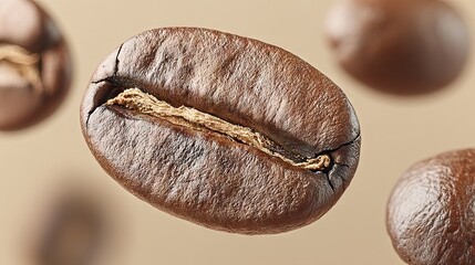 Poster - Close-up of a roasted coffee bean with other beans against a neutral background