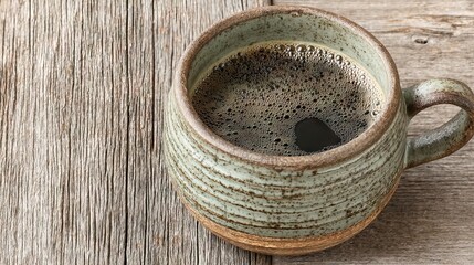 Poster - Close-up of a rustic ceramic mug filled with hot, fresh coffee beverage
