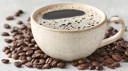 Poster - Close-up of a steaming cup of coffee surrounded by roasted coffee beans