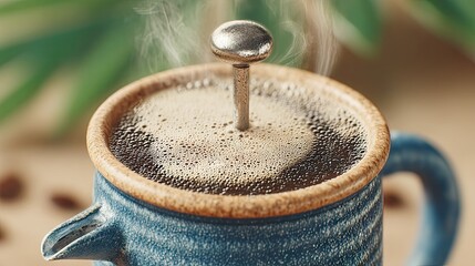 Poster - Close-up of a steaming French press coffee in a rustic blue ceramic mug