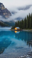 Poster - Remote cabin by alpine lake surrounded by dense forest and rocky peaks..

