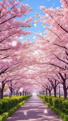 Poster - Blooming cherry blossom trees creating pink tunnel over park path..

