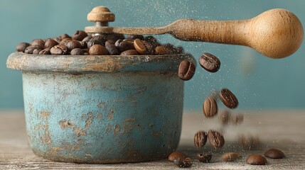 Aufkleber - Close-up of coffee beans falling from a vintage manual grinder on wood