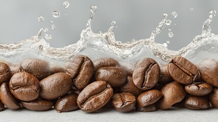 Poster - Close-up of coffee beans submerged in water with splash effect on a gray background.
