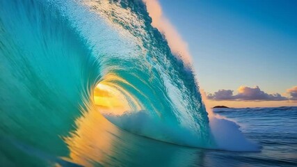 Poster - Ocean wave curling into perfect barrel shape at golden hour..


