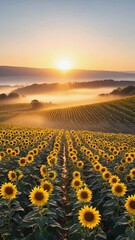 Poster - Field of sunflowers all facing rising sun over misty horizon..


