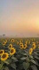 Poster - Field of sunflowers all facing rising sun over misty horizon..

