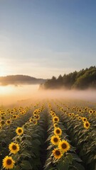 Poster - Field of sunflowers all facing rising sun over misty horizon..

