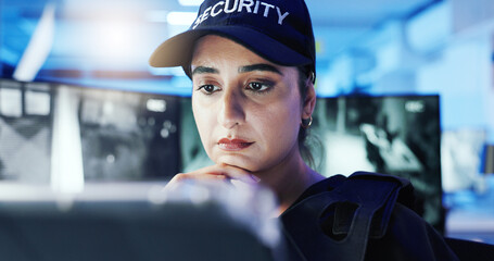 Poster - Security guard, woman and tablet with watching, surveillance app and video observation at night. Officer, cctv station and technology in control room for monitor, safety or footage for protection