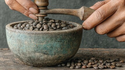 Poster - Close-up of hands grinding fresh coffee beans in a rustic vintage grinder