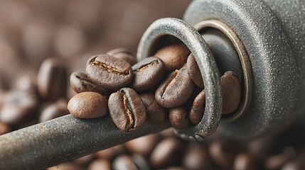 Aufkleber - Close-up of roasted coffee beans spilling from a metal container with detail.