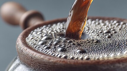 Poster - Close-up shot of freshly brewed coffee pouring into a cup, capturing the bubbles