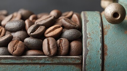 Aufkleber - Close-up shot of roasted coffee beans with an antique coffee grinder, macro.