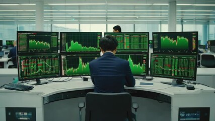 Poster - A person in a suit sits at a desk with multiple monitors displaying financial charts and stock data in a modern office.