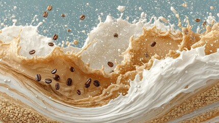Poster - Coffee and Milk Splash with Beans, Liquid Swirl and Textured Elements in Motion
