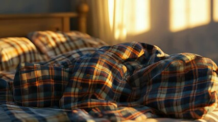 Poster - Cozy bedroom scene with a plaid comforter on a bed