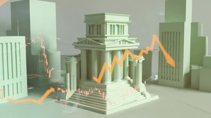 Poster - A stylized green bank building is surrounded by city structures, overlaid with fluctuating stock market graph lines.