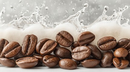 Poster - Coffee beans with splashing liquid creating an artistic and refreshing look.