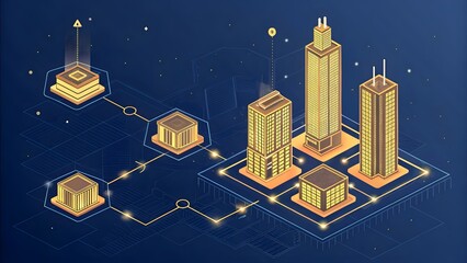 Poster - Isometric illustration of golden buildings connected by lines on a dark blue background design