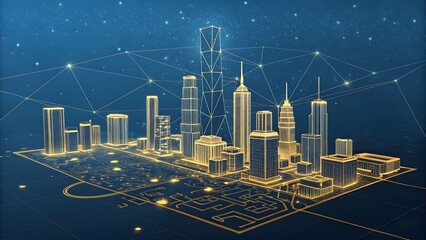 Aufkleber - Glowing city skyline with interconnected lines on a blue background with scattered stars above it