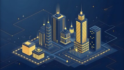 Poster - Isometric illustration of a futuristic city with illuminated buildings and connected pathways
