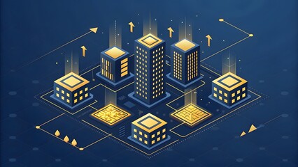 Poster - Isometric illustration of a futuristic city with glowing buildings and data connections