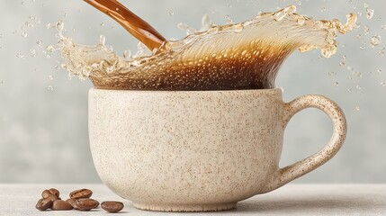 Aufkleber - Coffee pouring into a ceramic mug with a splash and coffee beans nearby