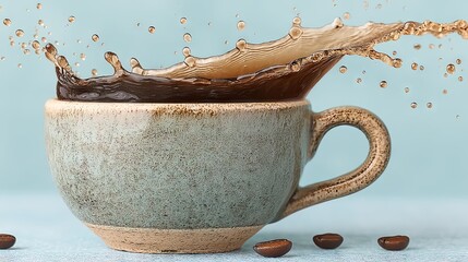 Poster - Coffee splash in a ceramic mug with scattered droplets against a blue background
