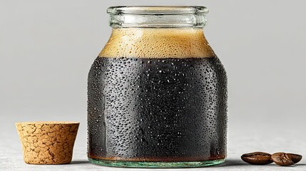 Poster - Cold brew coffee in a glass bottle with a cork and coffee beans close up