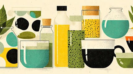 Poster - Colorful illustration of various glass bottles and cups with liquids inside