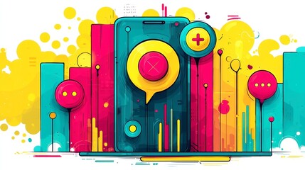Poster - Vibrant User Experience Testing Concept, dynamic communication elements, bold primary colors, engaging animations, innovative design, enhancing interaction and feedback processes.