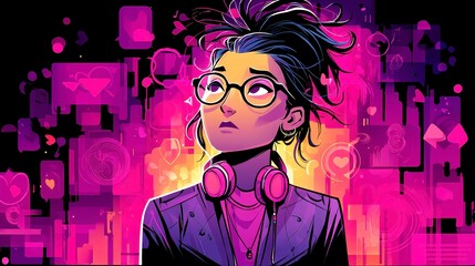 Poster - Futuristic Digital Embrace, a vibrant illustration capturing women's emotional connections with virtual environments, exploring themes of technology, empowerment, and interaction.