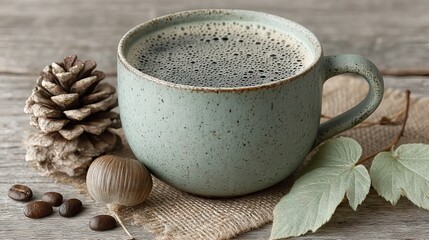 Poster - Cozy coffee cup with pinecone and natural elements on rustic wooden surface