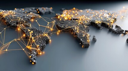 Poster - Blockchain financial network, showcasing a global map linked by crypto transaction nodes with luminous currency indicators, set against a minimalist clean background with ample free space