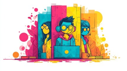 Poster - Vibrant Color-Block Design for Hybrid Work Engagement, showcasing dynamic online communication and collaboration in a modern, playful workspace atmosphere.