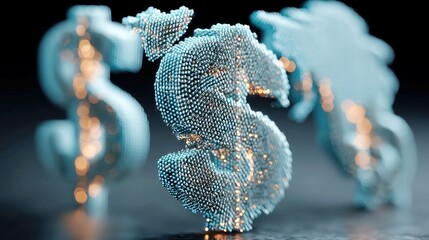 Poster - Digital Finance Network, glowing dollar signs symbolize transaction hubs on a stylized global map, minimalist background enhances clarity and focus on financial connections