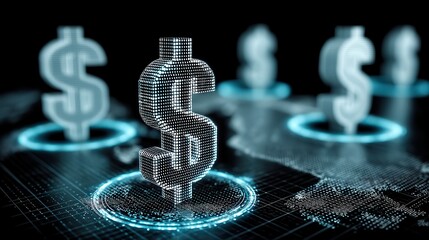 Poster - Digital Finance Network, illuminated dollar signs symbolize transaction centers on a sleek global map, featuring a minimalist backdrop and ample free space for an uncluttered look