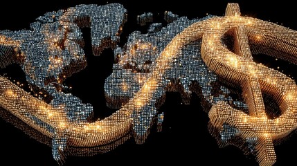 Poster - Digital Finance Network, vibrant dollar signs illuminating transaction hubs across a stylized global map, minimalist design, clean backdrop, ample free space for clarity.