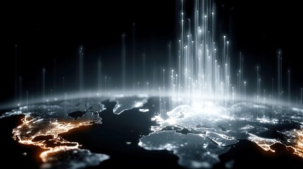 Poster - Futuristic Data Economy Visualization, an illustration showcasing decentralized finance indicators illuminating global regions, minimalist and clean backdrop emphasizing innovation.