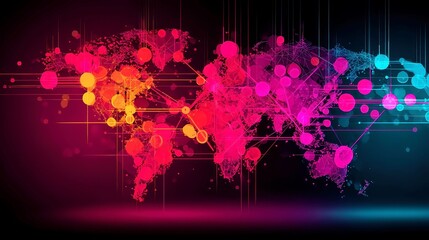 Poster - Holographic Global Financial Network, a vibrant world map displaying floating currency icons and data nodes in neon blue and pink against a minimalist backdrop, emphasizing clarity and simplicity.