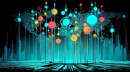 Poster - Dynamic global stock exchange visualization, pulsating dollar markers, circuit-patterned geography, minimalist background, clean aesthetic, ample free space
