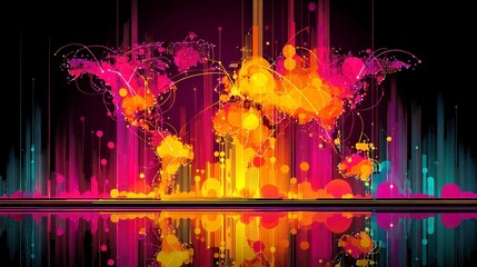 Poster - Vibrant Digital Economic Map, a neon-infused interface showcasing global financial hubs and real-time data connections, set against a minimalist and clean backdrop, offering ample free space.