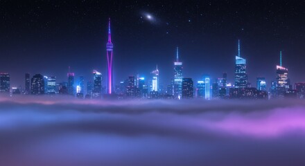 Wall Mural - City Skyline Glowing Above Fog at Night with Tower and Stars